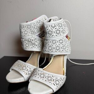 Jessica Simpson White Laser-Cut Lace-Up Ankle Strap Heels